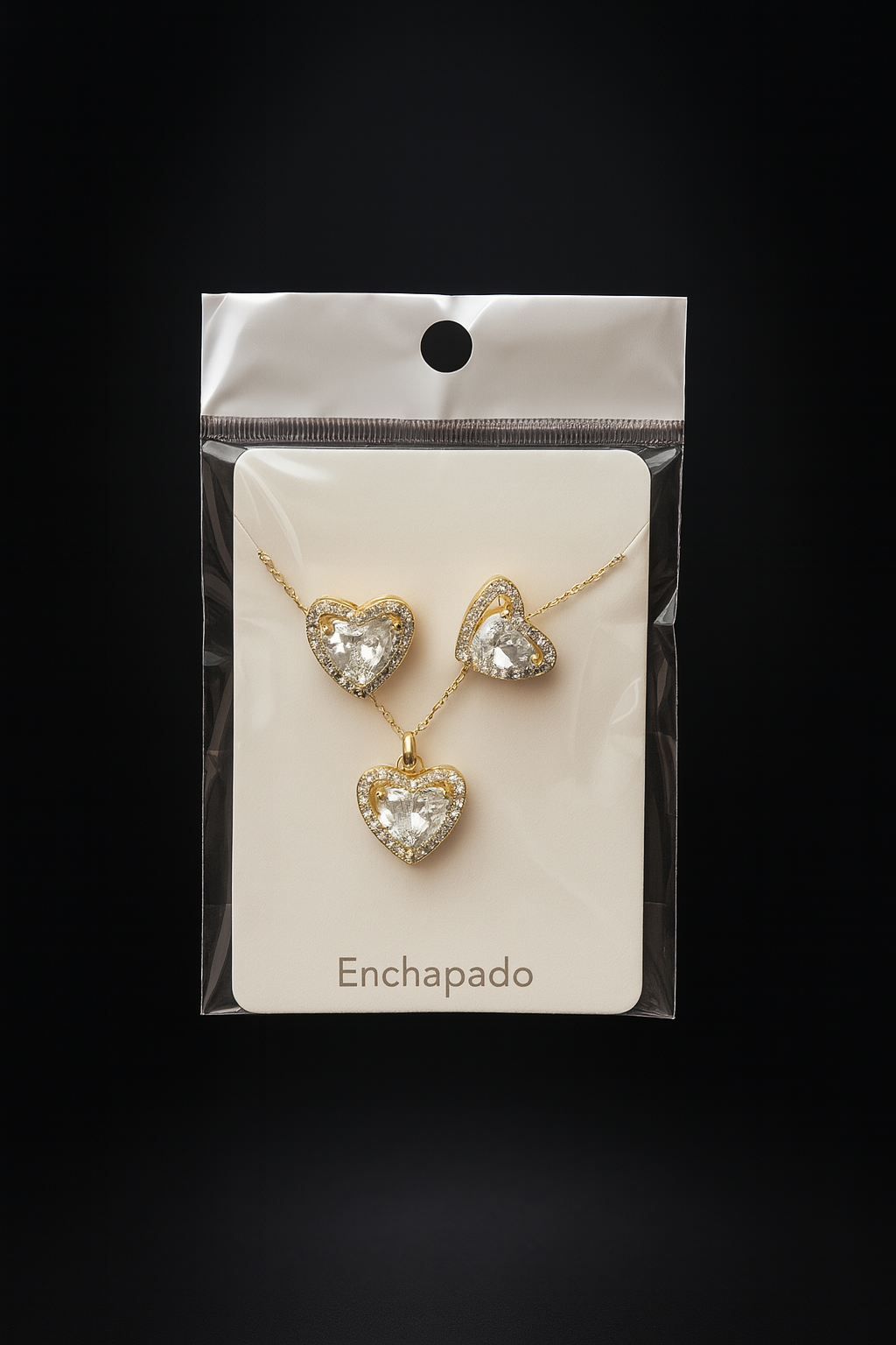 SET DE CORAZÓN BAÑADOS EN DORADO CON DIAMANTES CADENA + ARETES F9874