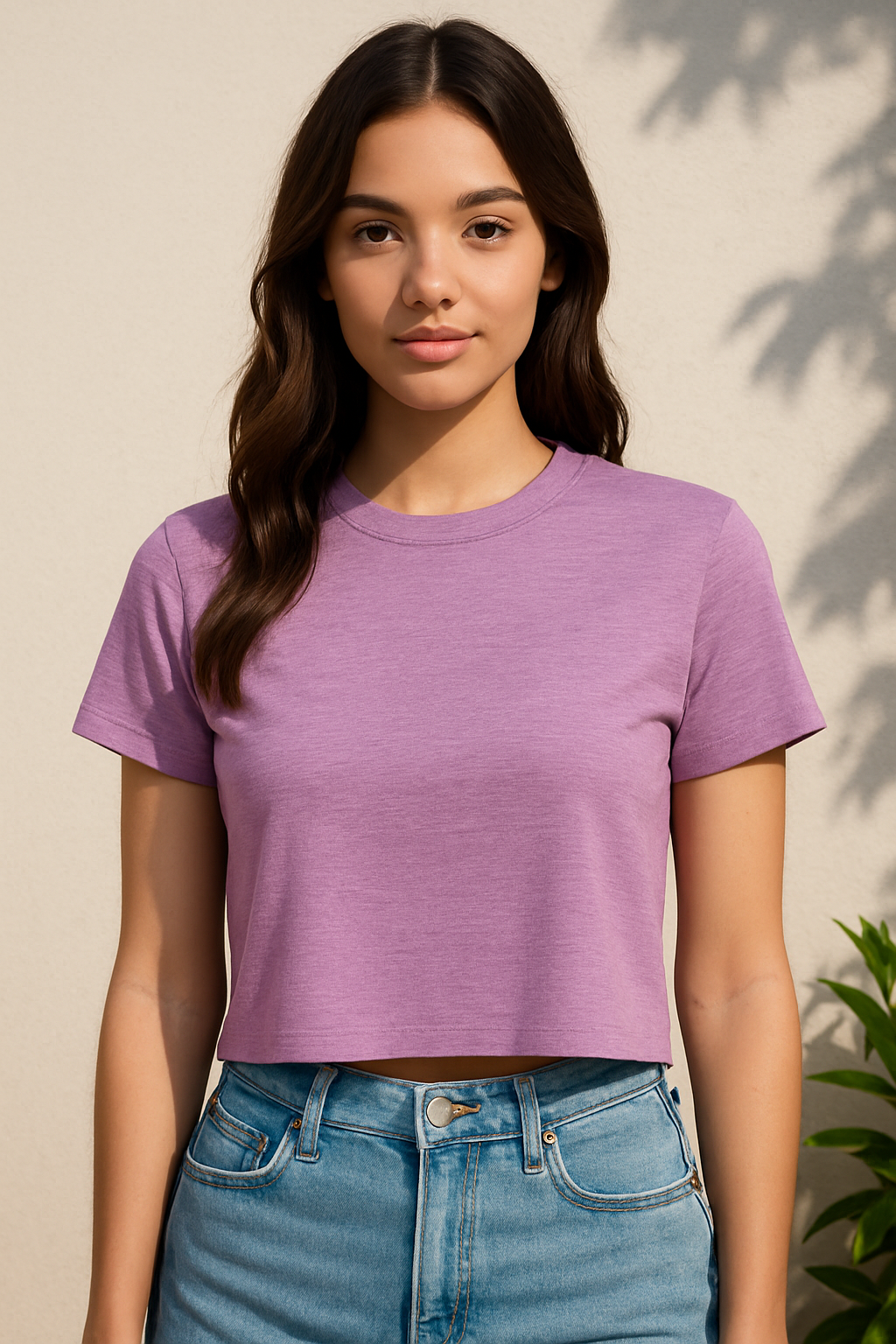 CROP TOP LILA JASPEADO CON MANGAS, CUELLO REDONDO Y ESTILO HOLGADO