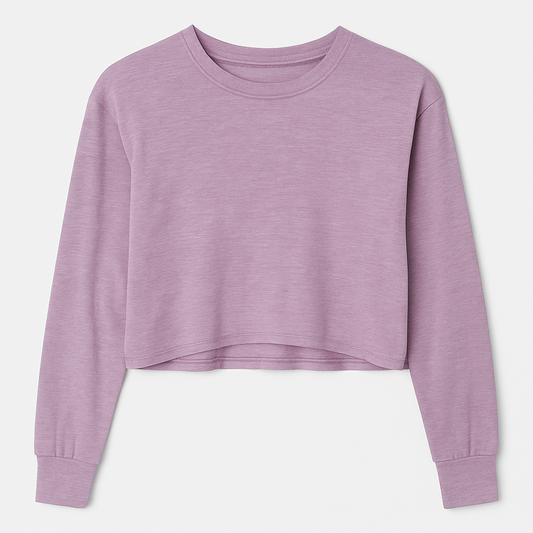 CROP BUZO LILA JASPEADO CON MANGAS LARGAS, CUELLO REDONDO Y ESTILO HOLGADO