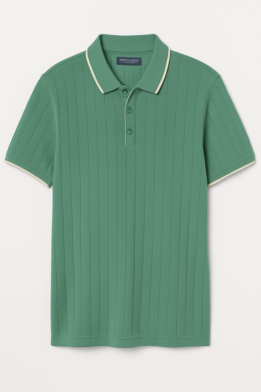 CAMISETA POLO MENTA CON RELIEVE DE LINEAS VERTICALES Y DETALLES BLANCOS EN MANGAS Y CUELLO