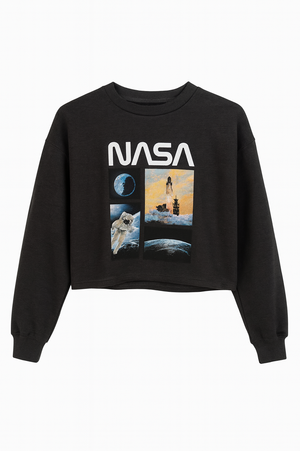 CROP BUZO DAMA NASA GRIS ESTAMPADO COHETE