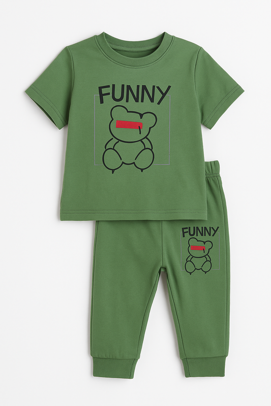 CONJUNTO NIÑO CAMISETA CON ESTAMPADO DE OSO FUNNY + PANTALON BASTAS TIPO DOBLADILLO