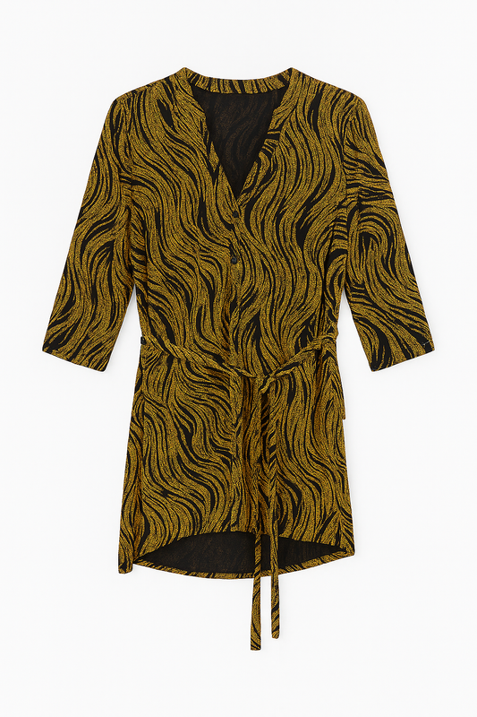 VESTIDO FORMAL DE BRILLOS CON CUELLO EN V CON BOTONES Y AJUSTABLE CON TIRAS DE AMARRAR