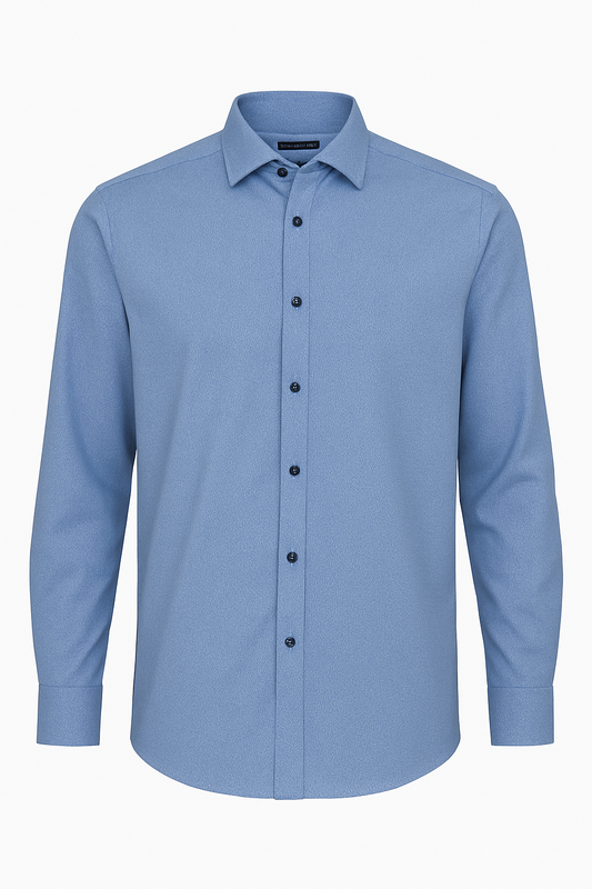 CAMISA CLÁSICA FORMAL, MANGA LARGA Y CUELLO CAMISERO, DISEÑO LISO CON BOTONES OSCUROS