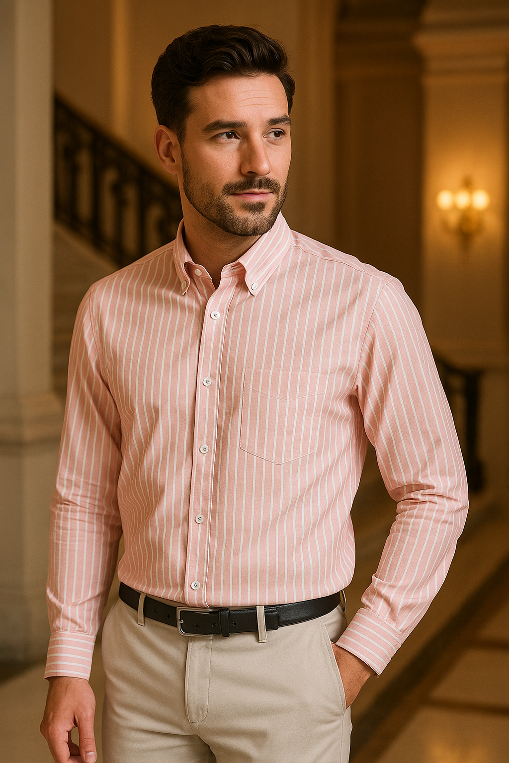 CAMISA SLIM FIT FORMAL, MANGA LARGA Y CUELLO CAMISERO, DISEÑO A RAYAS VERTICALES EN TONO SALMÓN CLARO CON BOTONES BLANCOS Y BOLSILLO EN PECHO