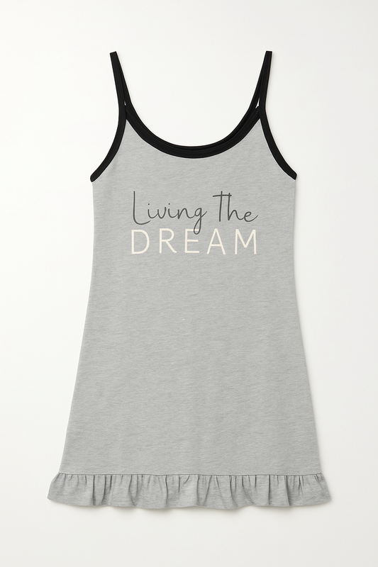 PIJAMA VESTIDO GRIS CON VUELOS + ESTAMPADO EN PECHO