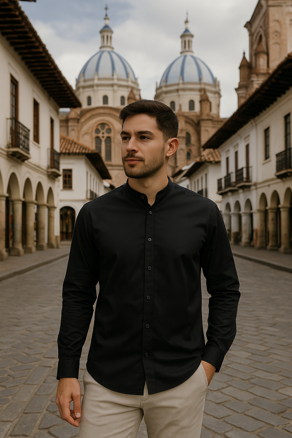 CAMISA SLIM FIT CASUAL, MANGA LARGA Y CUELLO CHINO, DISEÑO LISO EN TONO NEGRO CON BOTONES AL TONO