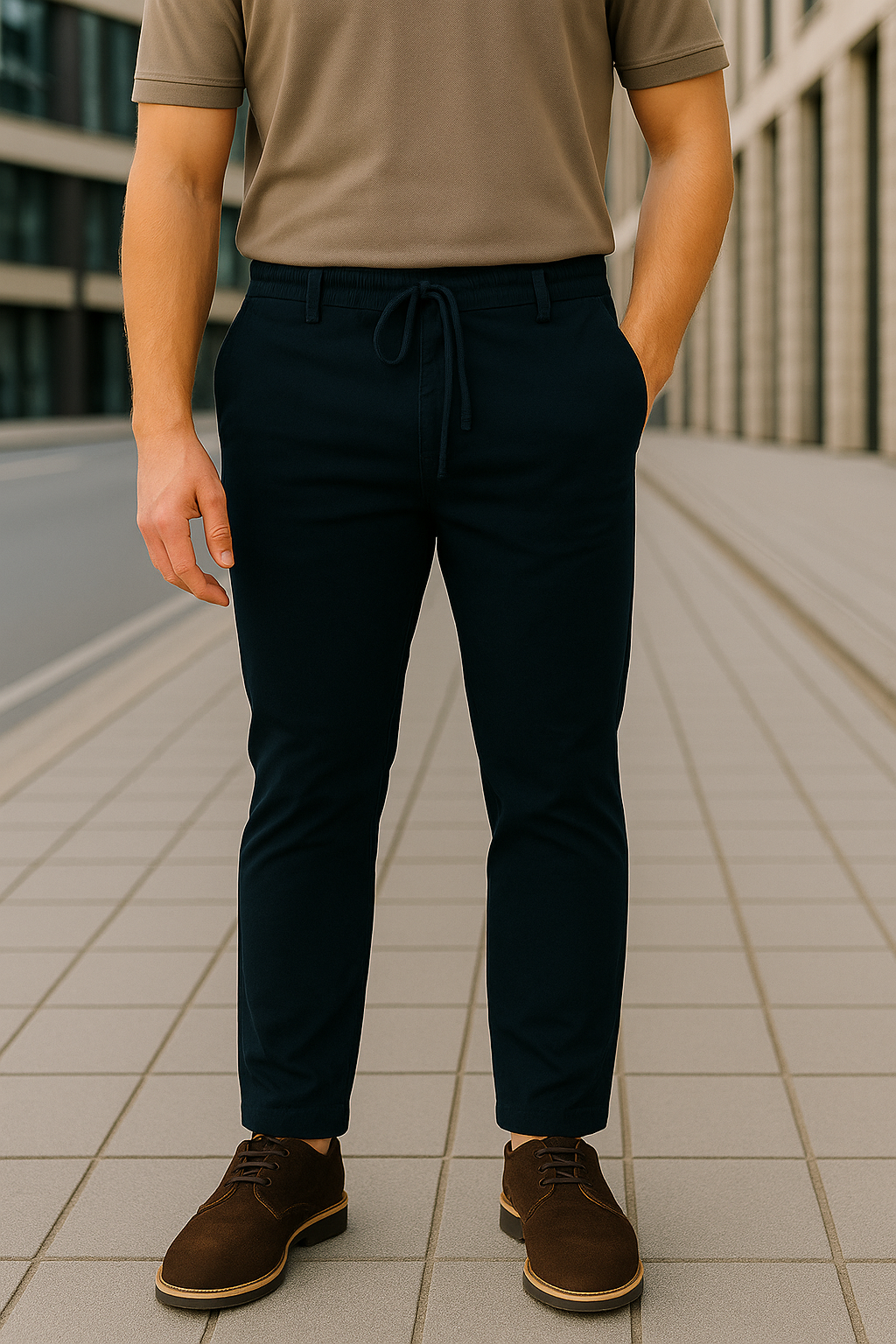PANTALÓN GABARDINA NARROW FIT CASUAL, CORTE RECTO Y BOLSILLOS INTERNOS, DISEÑO LISO CON CORDÓN AJUSTABLE