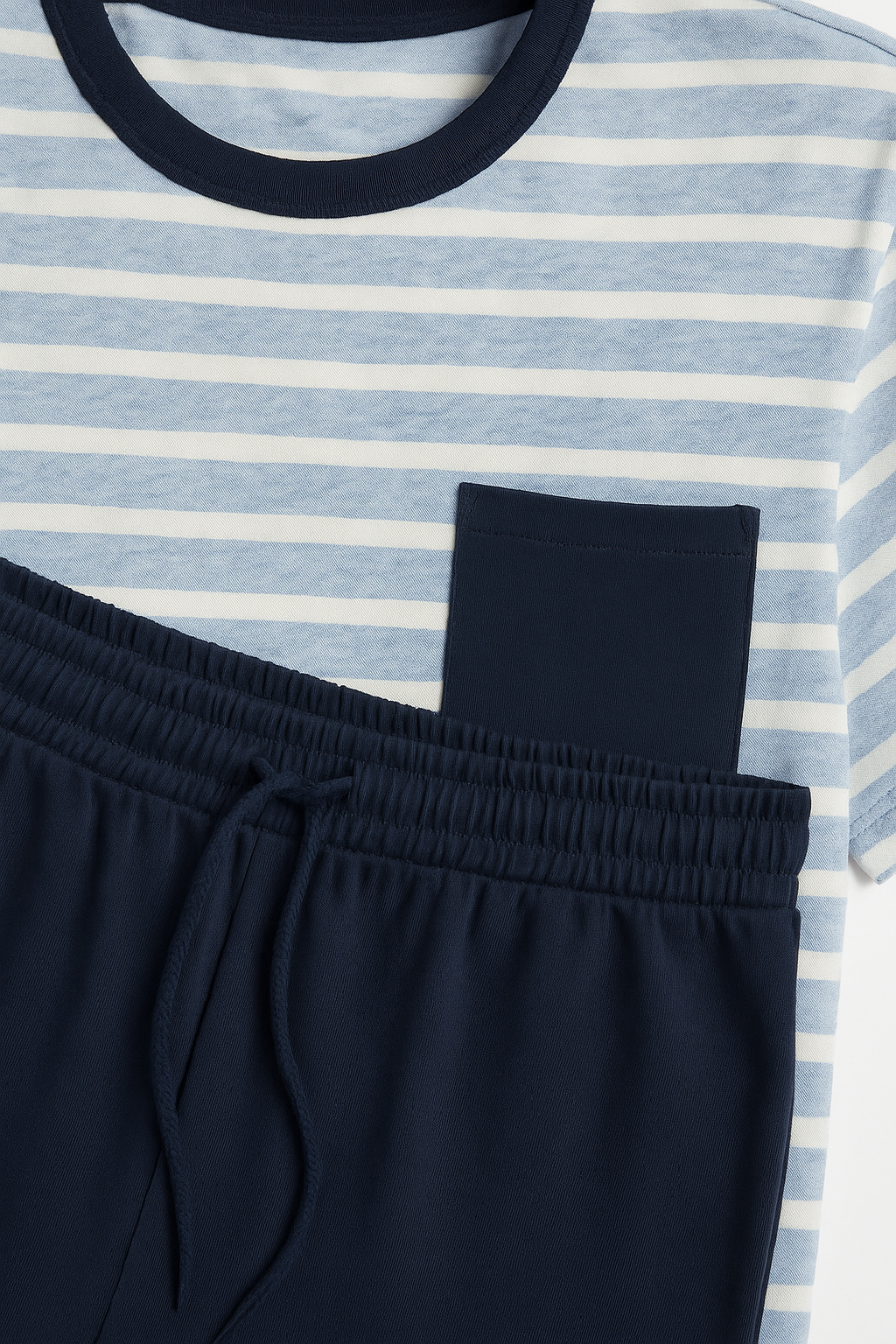 CONJUNTO PIJAMA PARA HOMBRE: CAMISETA RAYAS CELESTE CON BLANCO Y PANTALON AZUL