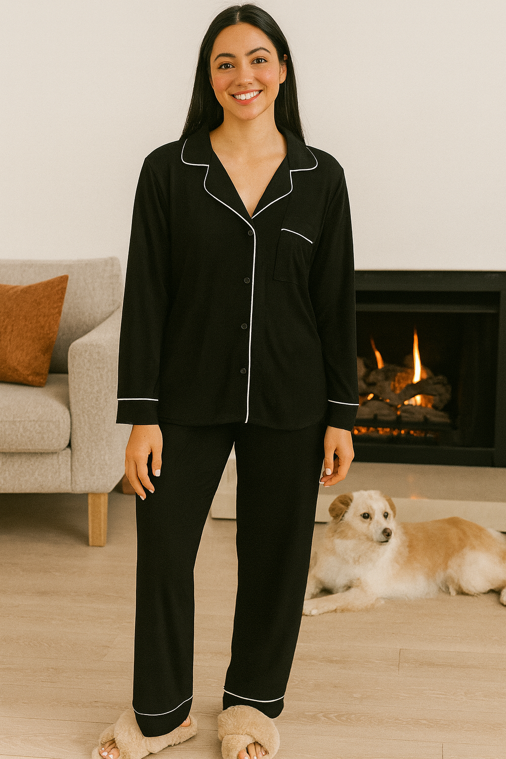 CONJUNTO PIJAMA MUJER: CAMISA DE BOTONES Y BOLSILLO + PANTALON HOLGADO