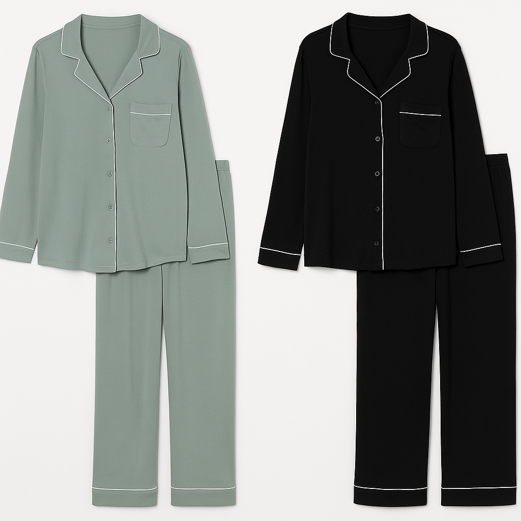 CONJUNTO PIJAMA MUJER: CAMISA DE BOTONES Y BOLSILLO + PANTALON HOLGADO