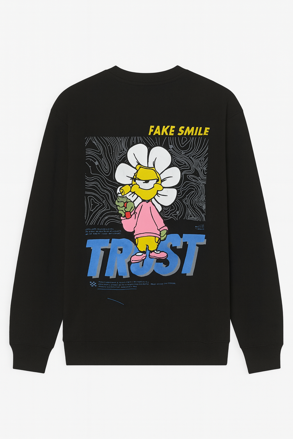 BUZO FAKE SMILE ESTAMPADO CON BORDES TEXTURIZADOS EN CUELLO, MANGAS Y PRETINA TEXTURIZADOS