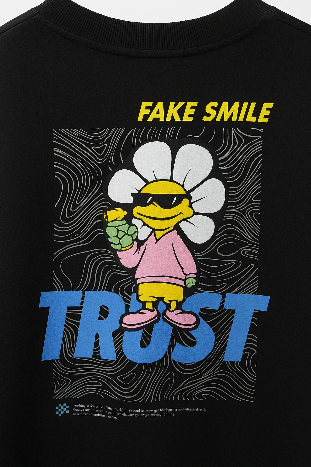 BUZO FAKE SMILE ESTAMPADO CON BORDES TEXTURIZADOS EN CUELLO, MANGAS Y PRETINA TEXTURIZADOS