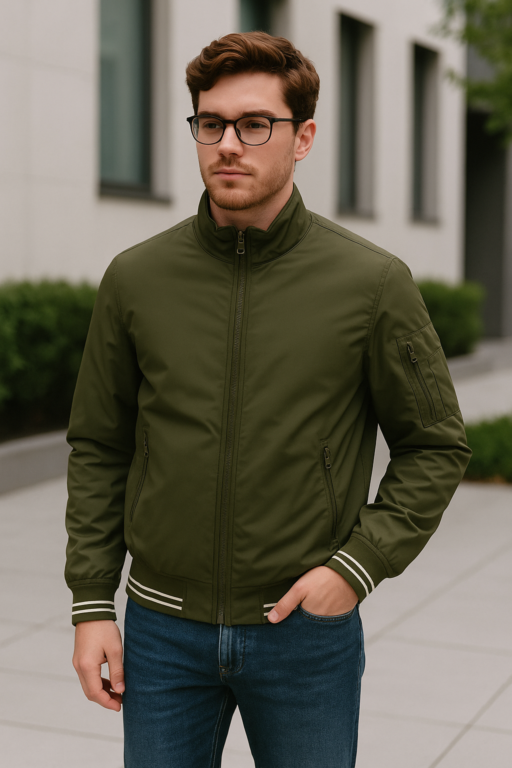 CHAQUETA ESTILO BOMBER JACKET HOMBRE VERDE MILITAR CON CREMALLERA Y DETALLES BLANCOS EN MANGAS Y FAJA.