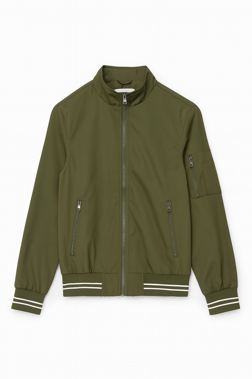 CHAQUETA ESTILO BOMBER JACKET HOMBRE VERDE MILITAR CON CREMALLERA Y DETALLES BLANCOS EN MANGAS Y FAJA.