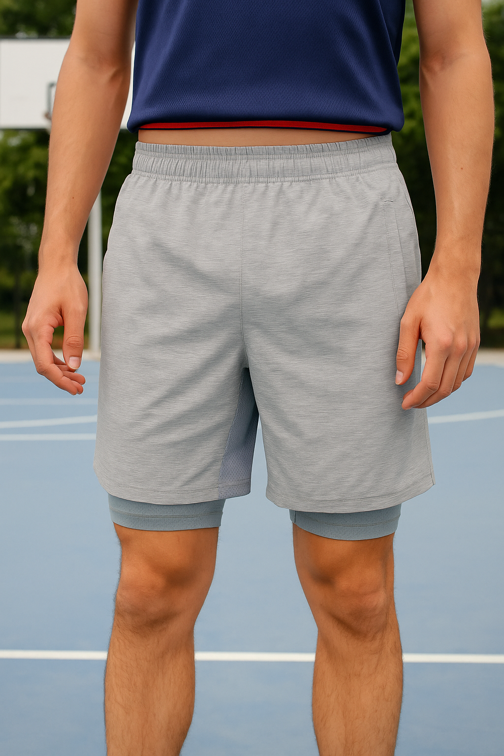 SHORT DEPORTIVO HOMBRE GRISACEO DOBLE TELA CON CORDON AJUSTABLE EN SU INTERIOR