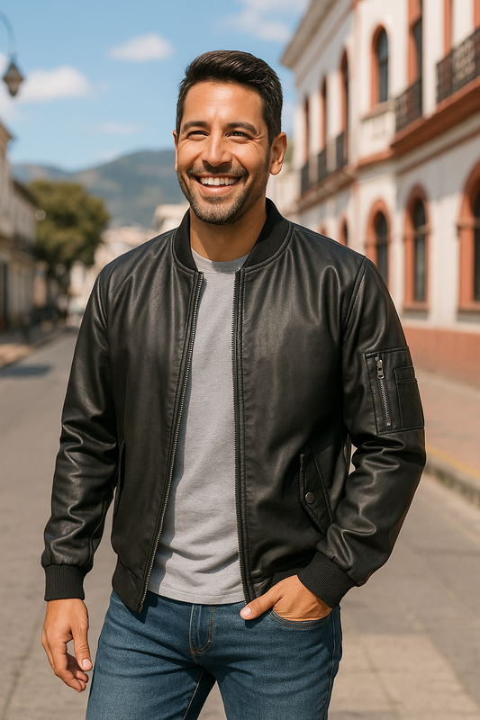 CHAQUETA CLÁSICA LLANA DE CUERO ESTILO BOMBER CON BOLSILLO EN MANGA Y CUELLO DE TELA