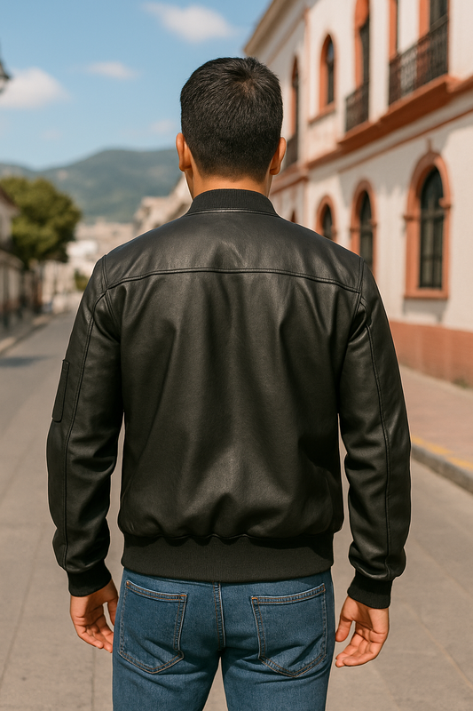 CHAQUETA CLÁSICA LLANA DE CUERO ESTILO BOMBER CON BOLSILLO EN MANGA Y CUELLO DE TELA