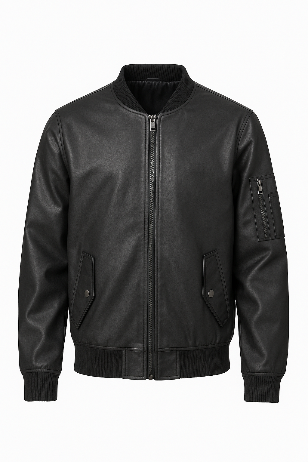 CHAQUETA CLÁSICA LLANA DE CUERO ESTILO BOMBER CON BOLSILLO EN MANGA Y CUELLO DE TELA