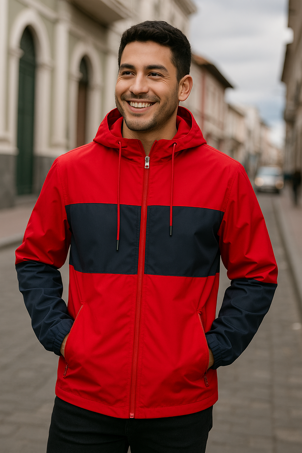 CHAQUETA BICOLOR CON CAPUCHA, ABERTURA Y BOLSILLOS DE CIERRE.