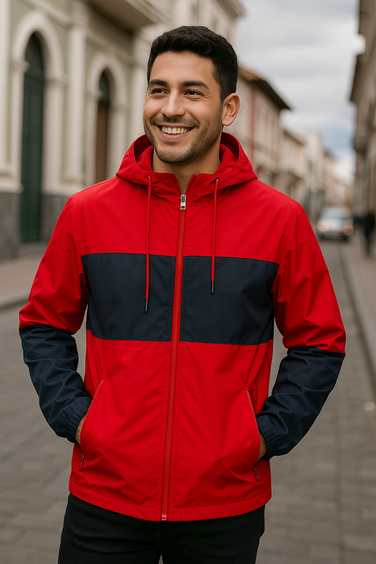 CHAQUETA BICOLOR CON CAPUCHA, ABERTURA Y BOLSILLOS DE CIERRE.