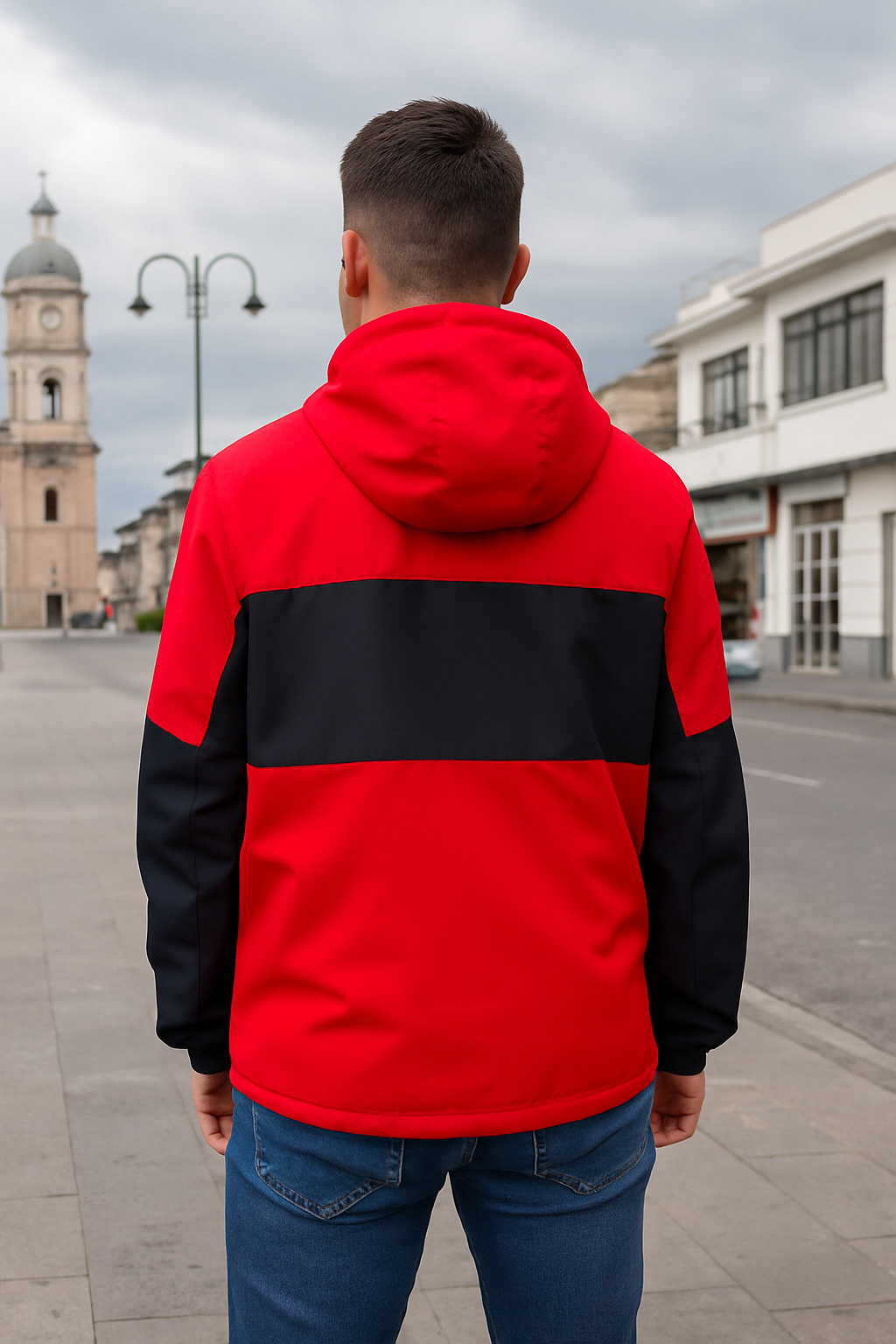 CHAQUETA BICOLOR CON CAPUCHA, ABERTURA Y BOLSILLOS DE CIERRE.