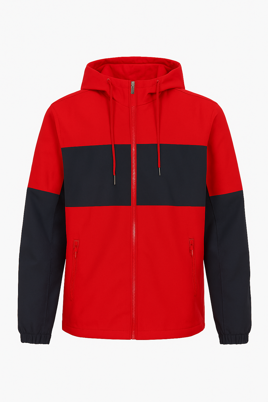 CHAQUETA BICOLOR CON CAPUCHA, ABERTURA Y BOLSILLOS DE CIERRE.