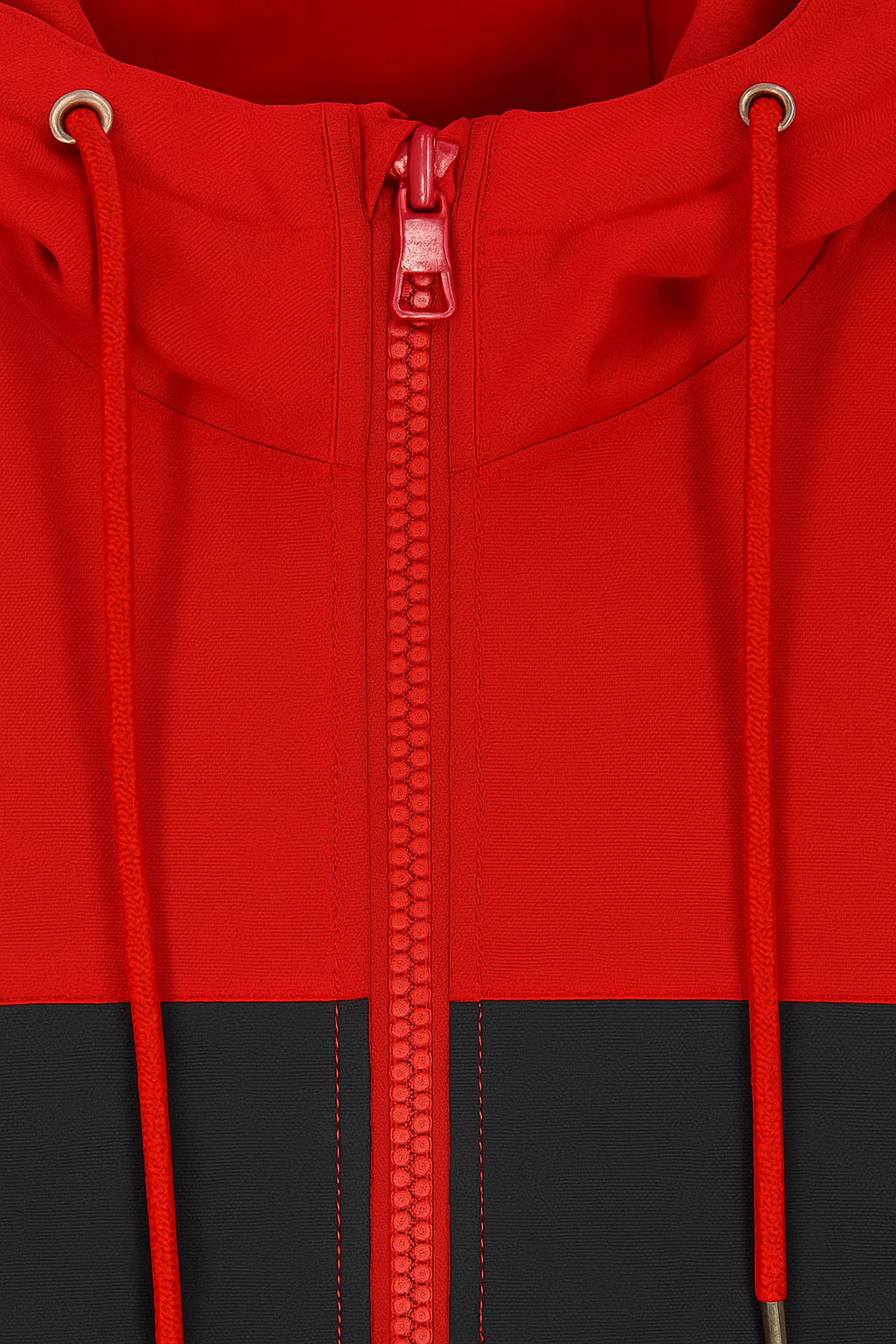 CHAQUETA BICOLOR CON CAPUCHA, ABERTURA Y BOLSILLOS DE CIERRE.