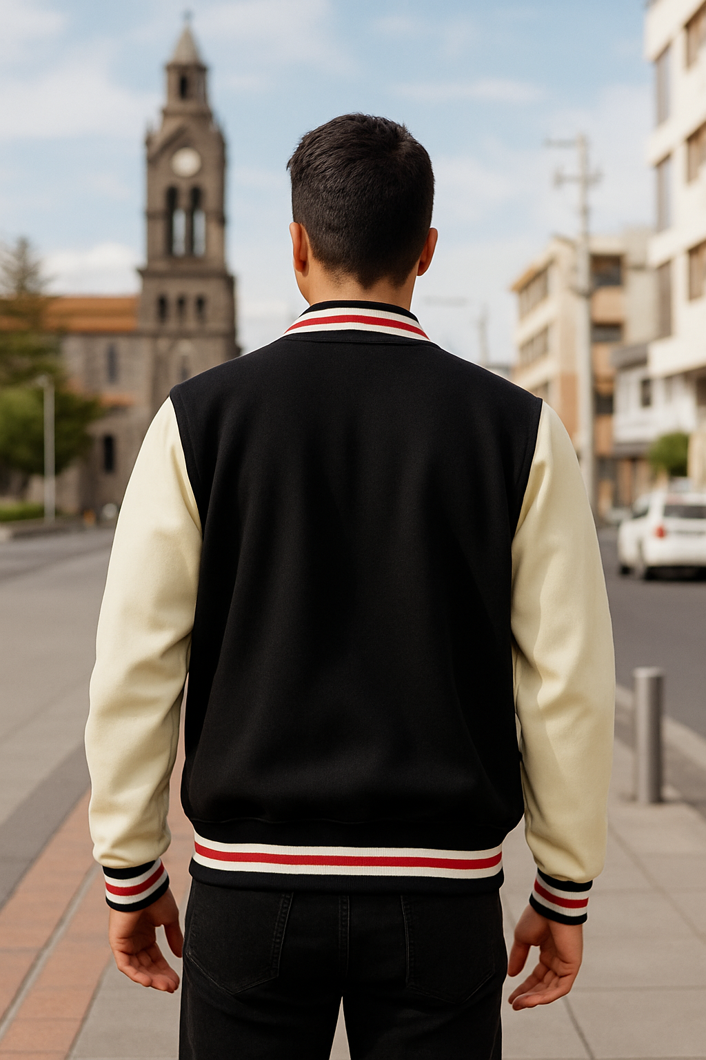 CHAQUETA UNIVERSITARIA R&R, MANGAS DE CUERO, CUELLO REDONDO CON LINEA ROJA Y ABERTURA DE BOTONES