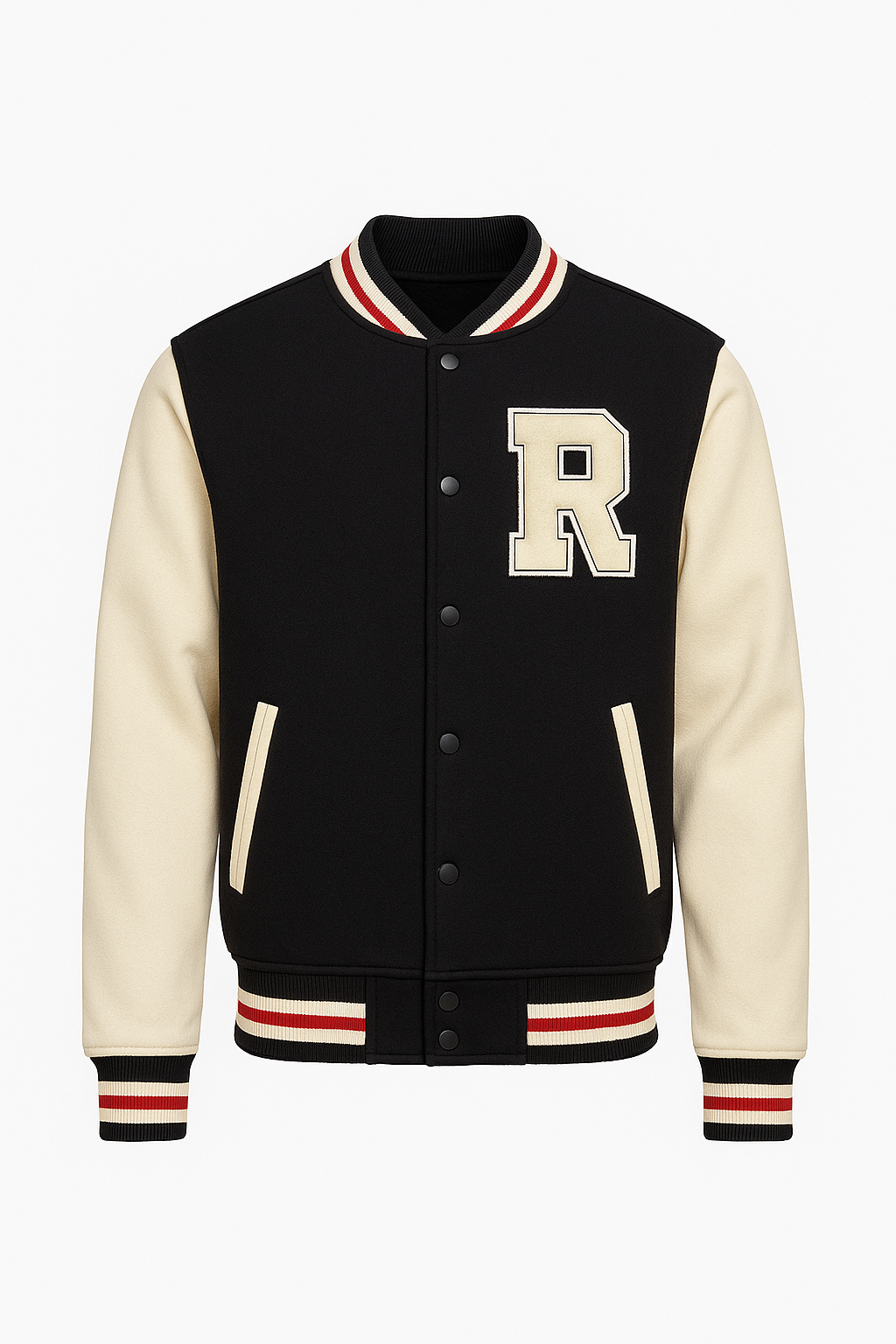 CHAQUETA UNIVERSITARIA R&R, MANGAS DE CUERO, CUELLO REDONDO CON LINEA ROJA Y ABERTURA DE BOTONES