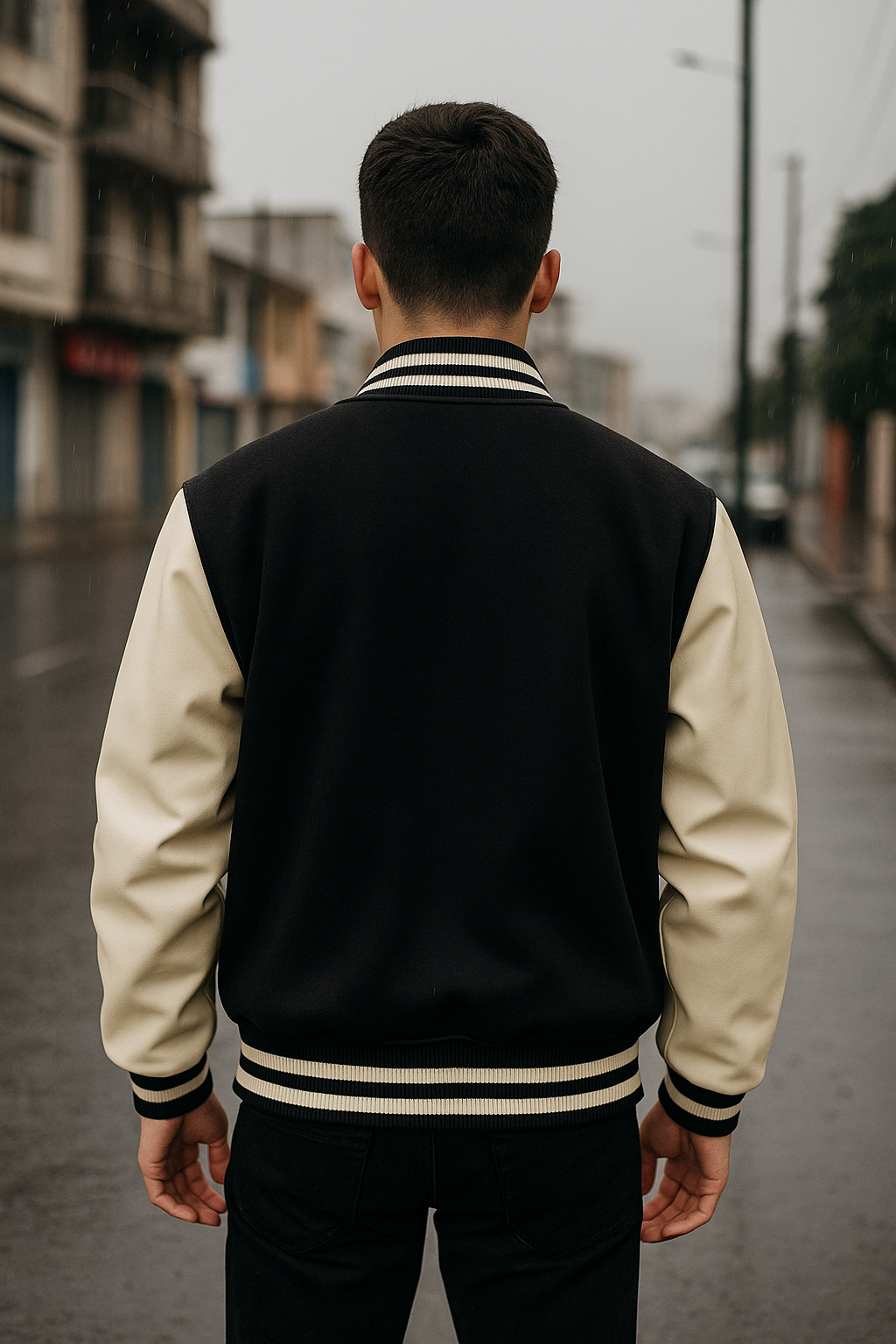 CHAQUETA UNIVERSITARIA LLANA, MANGAS DE CUERO, CUELLO REDONDO CON LINEA NEGRA Y BOTONES A PRESIÓN