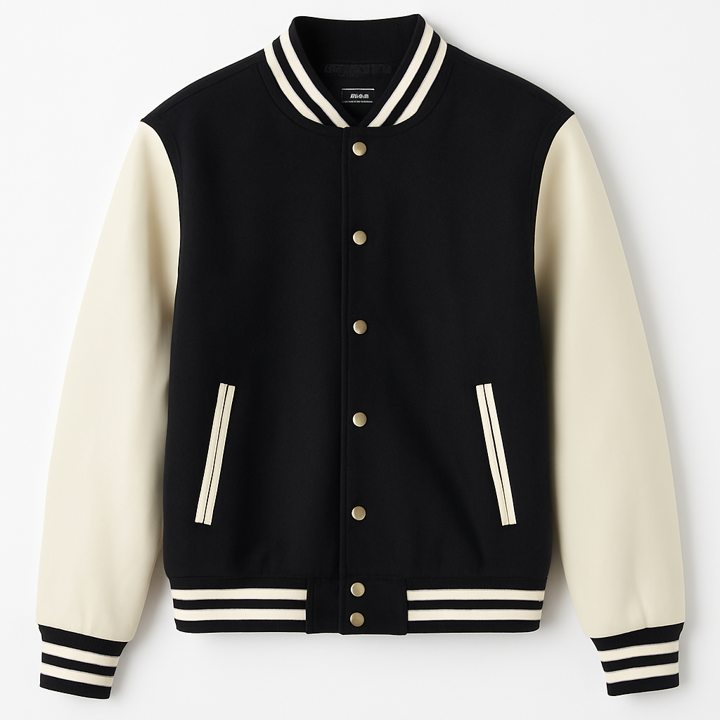 CHAQUETA UNIVERSITARIA LLANA, MANGAS DE CUERO, CUELLO REDONDO CON LINEA NEGRA Y BOTONES A PRESIÓN
