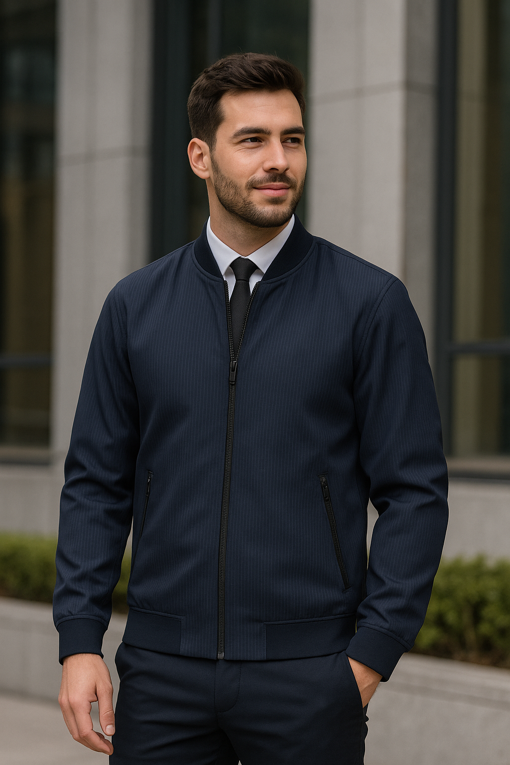 CHAQUETA SEMIFORMAL AZUL MARIN CON LINEAS HORIZONTALES, CUELLO REDONDO Y BOLSILLO DE CIERRE