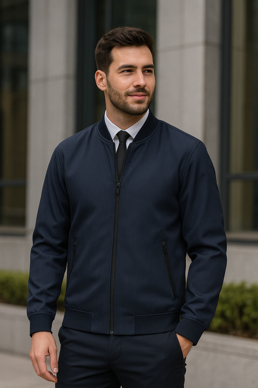 CHAQUETA SEMIFORMAL AZUL MARIN CON LINEAS HORIZONTALES, CUELLO REDONDO Y BOLSILLO DE CIERRE