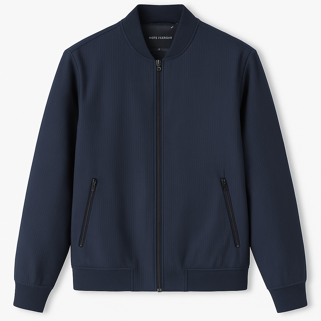 CHAQUETA SEMIFORMAL AZUL MARIN CON LINEAS HORIZONTALES, CUELLO REDONDO Y BOLSILLO DE CIERRE