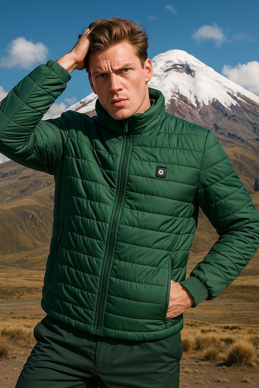 CHOMPA ACOLCHADA IMPERMEABLE CON CIERRE Y ADORNO EN PECHO