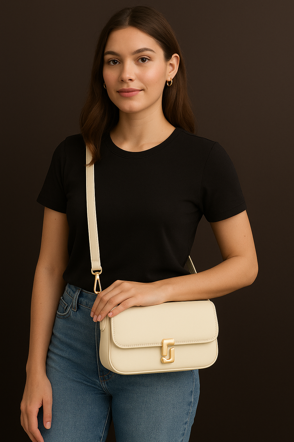 CARTERA BOLSO BLANCO HUESO BROCHE DE ORO VARIOS SERVICIOS + CORREA