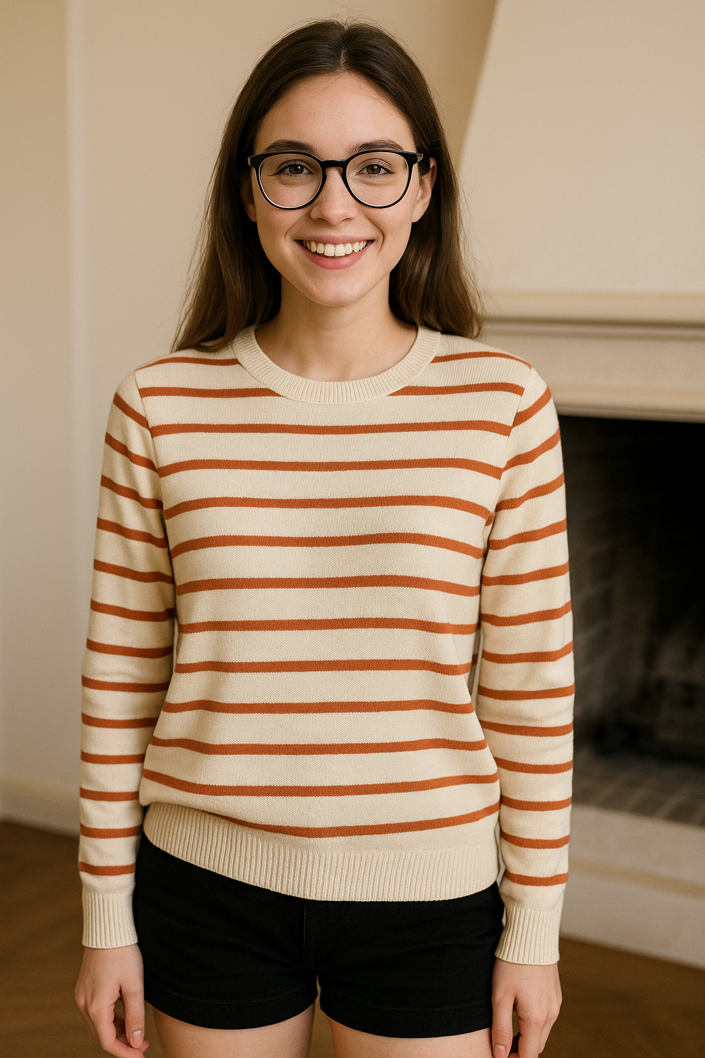 SUETER DAMA BLANCO CREMA CON RAYAS HORIZONTALES NARANJA DE CUELLO REDONDO TEJIDO Y FAJON