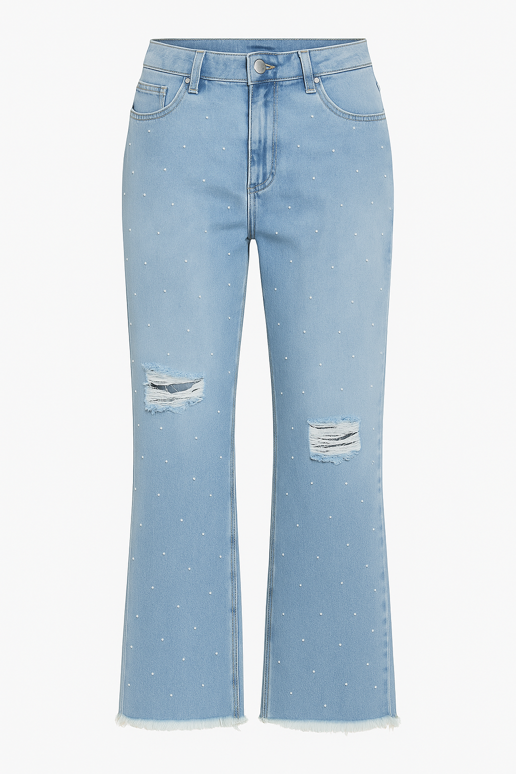 PANTALÓN JEAN DAMA CELESTE WIDE LEG RASGADO CON APLICACIONES DE DIAMANTES