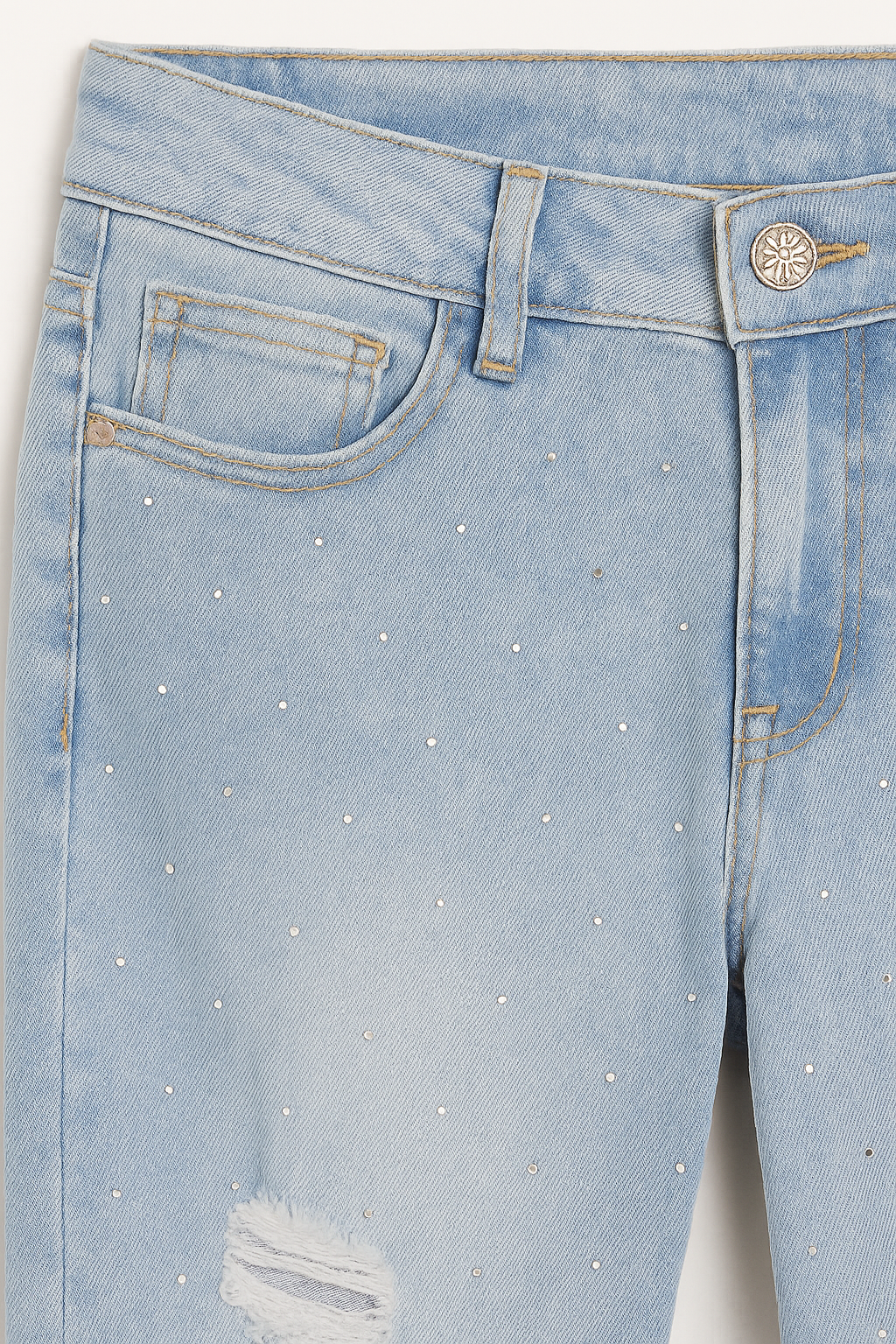 PANTALÓN JEAN DAMA CELESTE WIDE LEG RASGADO CON APLICACIONES DE DIAMANTES
