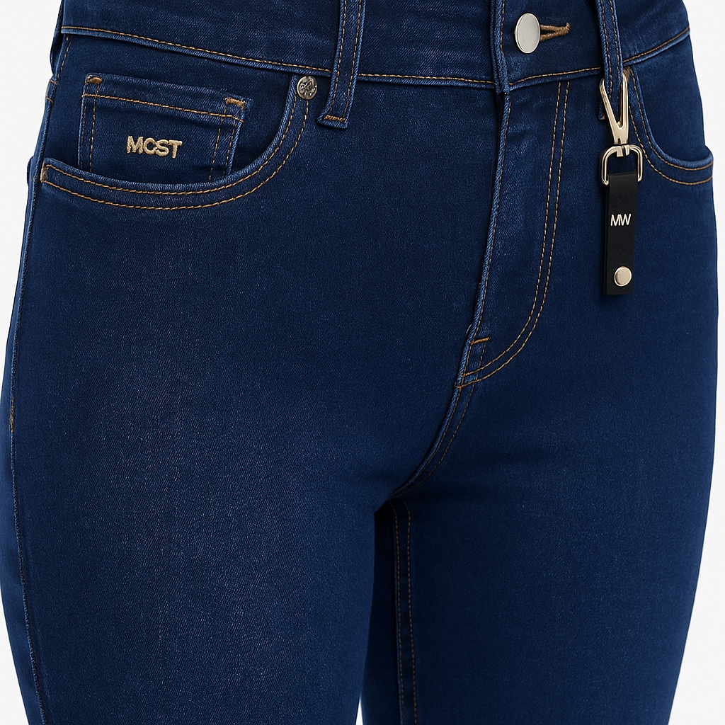 PANTALÓN JEAN DAMA AZUL OSCURO PUSH UP SKINNY FIT CON LLAVERO DECORATIVO