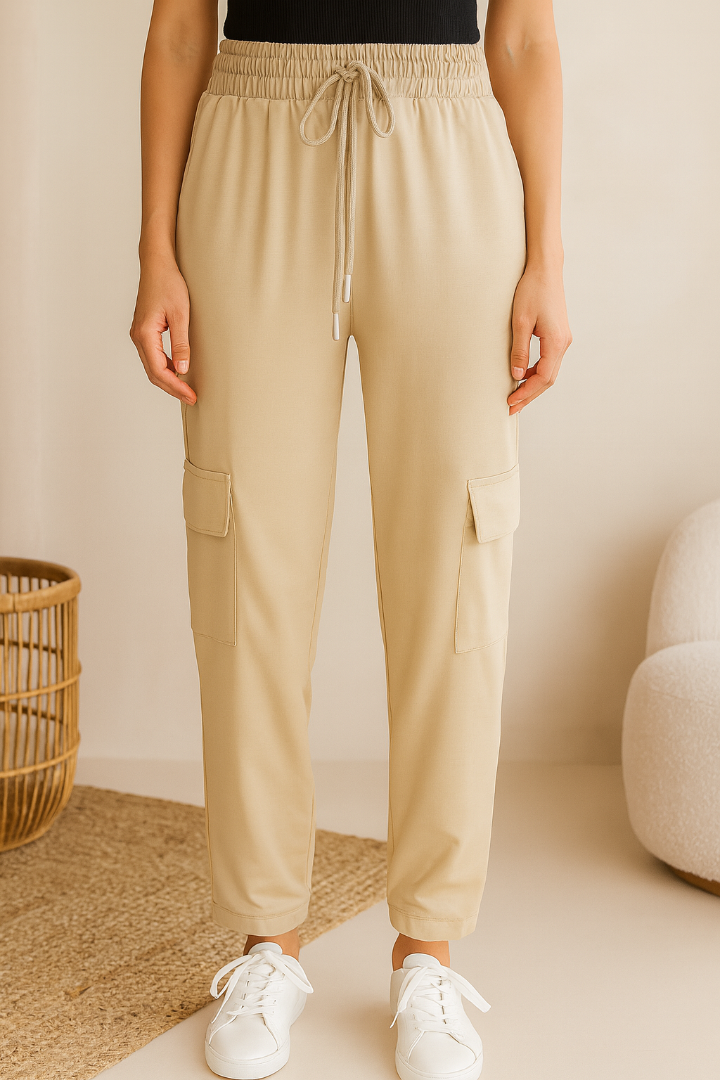 PANTALÓN JOGGER DAMA BEIGE CON BOLSILLOS CARGO Y CINTURA ELÁSTICA