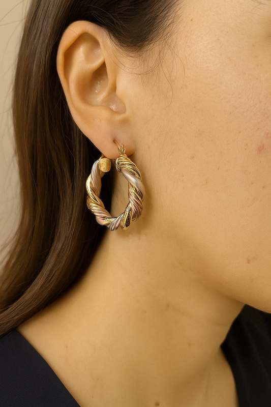 ARETE ARGOLLA BAÑADO EN TONO ORO, BLANCO Y ROSA CON DETALLE TRENZADO F3960