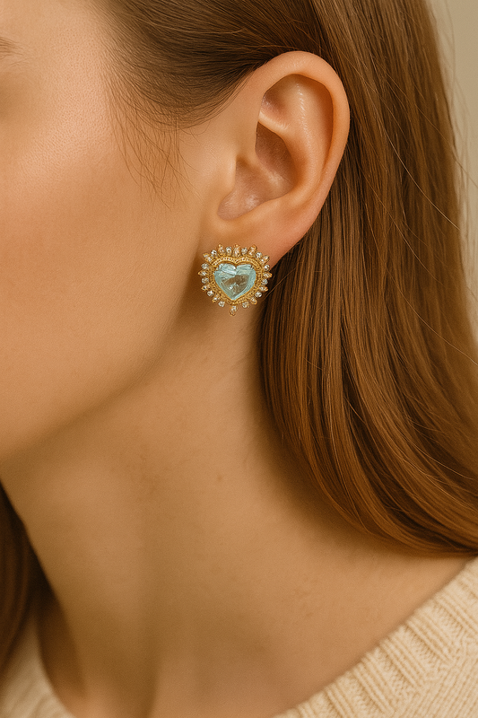 ARETE CORAZON CON BORDE DE PERLAS Y PIEDRA AGUA MARINA CENTRAL P9345