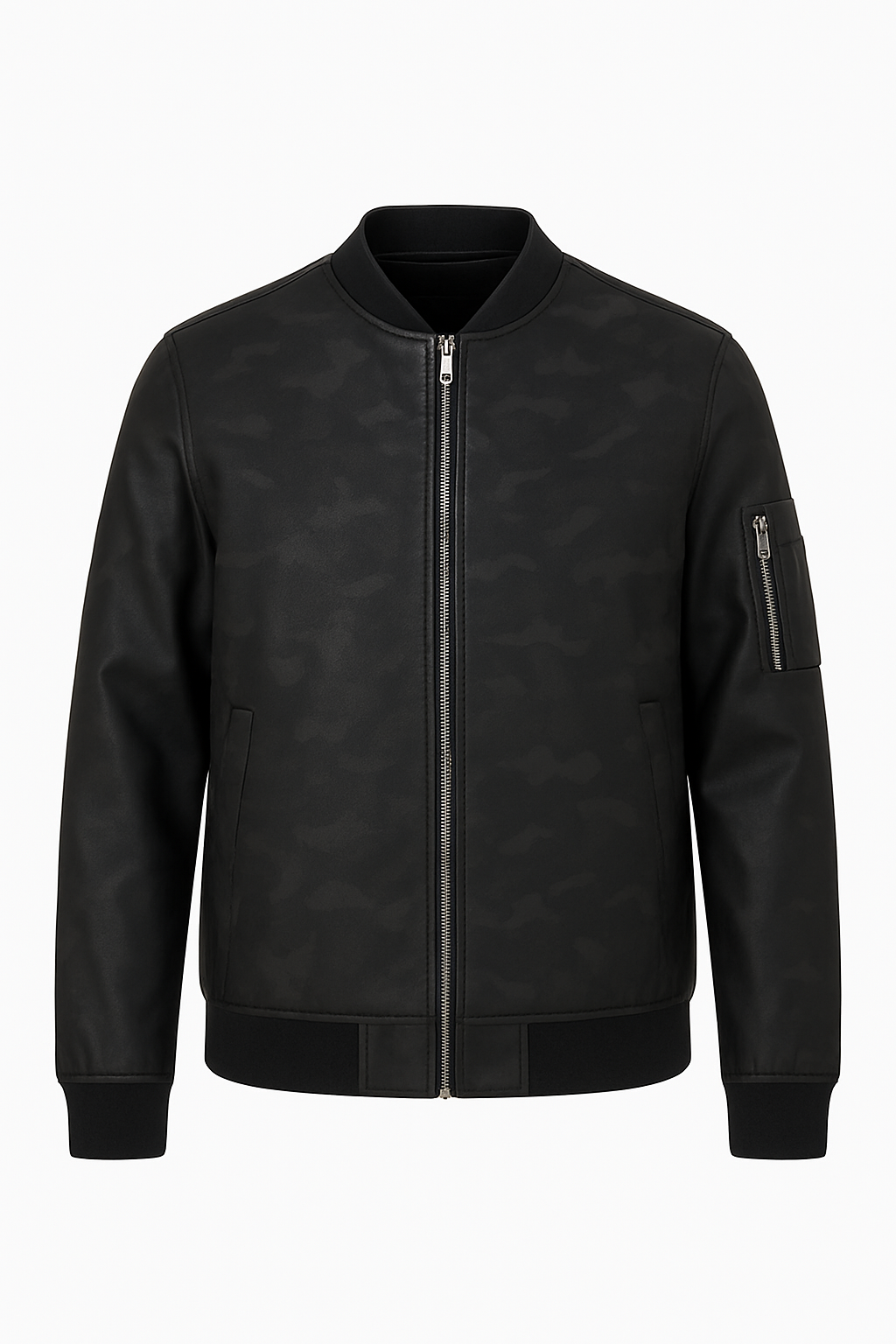 CHAQUETA CLÁSICA DE CUERO CON DETALLE TEXTURIZADO ESTILO CAMUFLAJE, CON BOLSILLO EN MANGA Y CUELLO DE CUERO