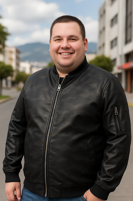 CHAQUETA CLÁSICA DE CUERO CON DETALLE TEXTURIZADO ESTILO CAMUFLAJE, CON BOLSILLO EN MANGA Y CUELLO DE CUERO