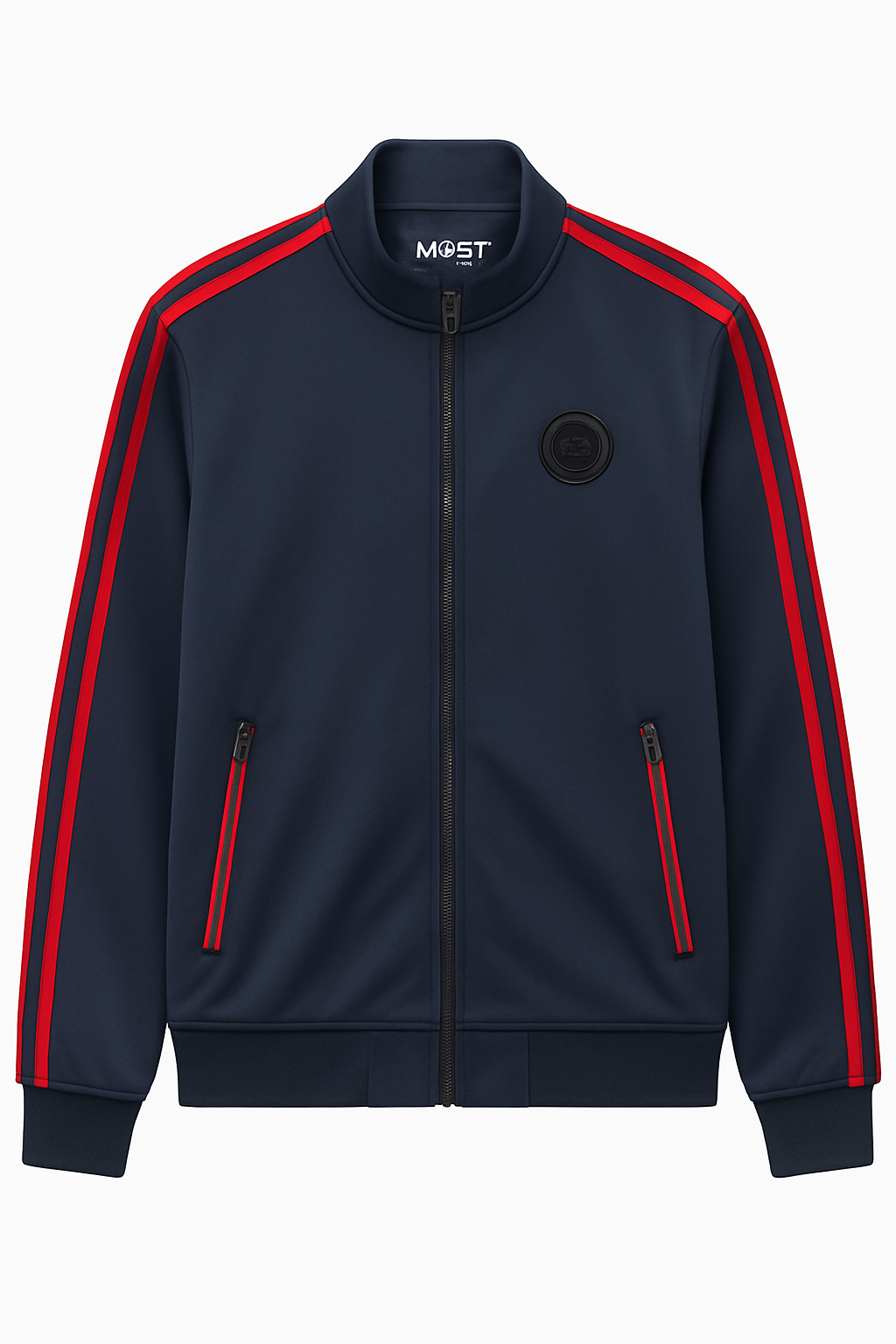 CHAQUETA CON ADORNO METÁLICO, ABERTURA DE CIERRE CON BORDES ROJOS. LINEAS VERTICALES EN BRAZOS