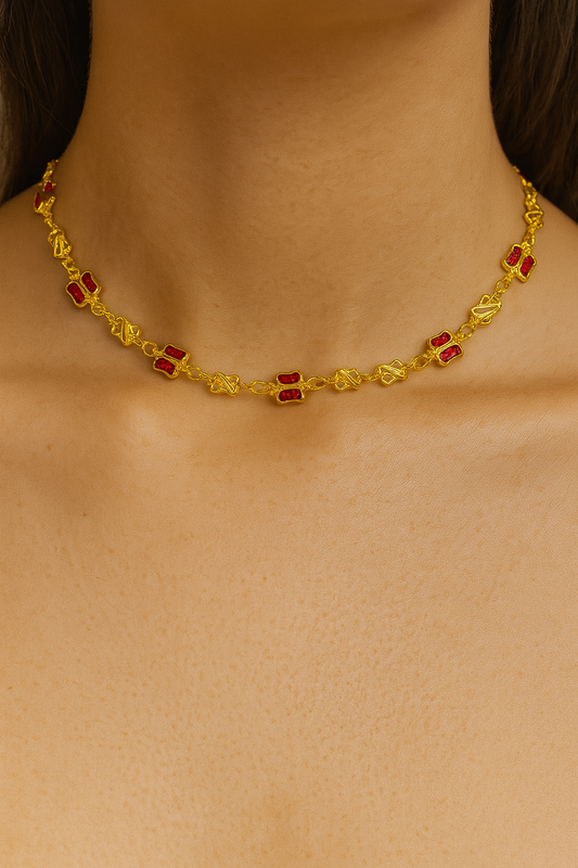 SET COLLAR Y PULSERA DORADA CON MARIPOSAS ROJAS E3286