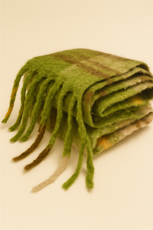 CHALINA A CUADROS EN TONOS VERDES, AMARILLOS Y CADÉ CON FLECOS GRUESOS