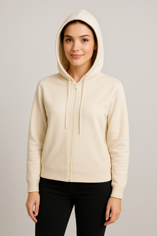 CHOMPA DAMA BEIGE CON CIERRE Y CAPUCHA AJUSTABLE